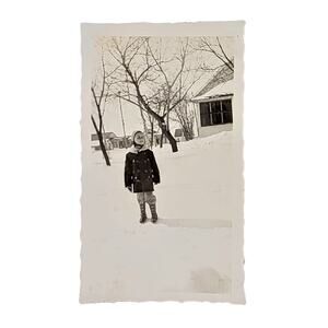 Vtg B&W Photo 1942 Found Child Posing In Snow Winter Wonderland Scene Snapshot